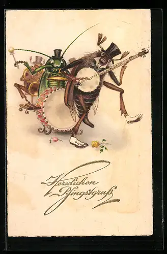 Präge-AK Maikäfer spielt Banjo mit seinen Insektenkumpels, Pfingstgruss