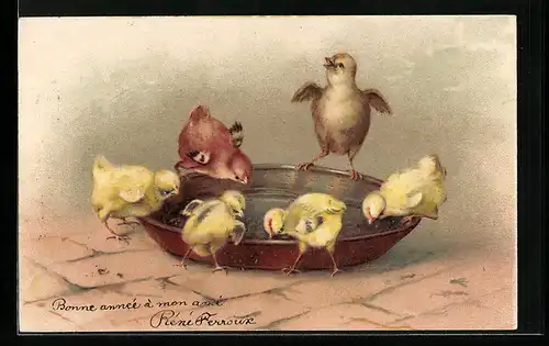 AK Osterküken am Futternapf