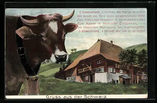 AK O Schweizerland o Heimat wie bist du so schön!..., Kuh vor Alpenhaus