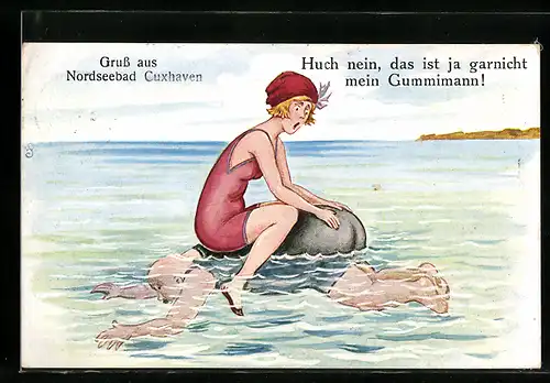 Künstler-AK Junge Frau im Badeanzug schwimmt auf einem dicken Mann