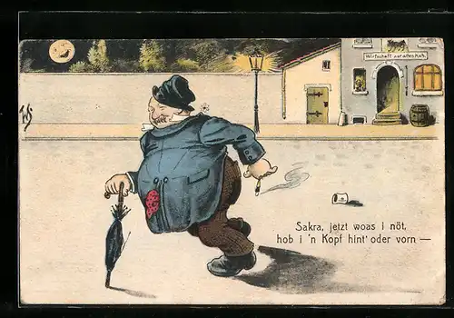 Künstler-AK Willi Scheuermann: Betrunkener torkelt aus der Wirtschaft