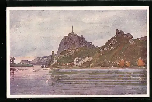 Künstler-AK Rudolf Schmidt: Dévény, Panorama vom Wasser