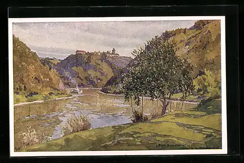 Künstler-AK Rudolf Schmidt: Neuhaus, Partie mit Donaudampfer