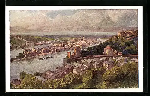 Künstler-AK Rudolf Schmidt: Passau, Teilansicht mit Dampfer