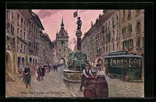 Künstler-AK Georges Stein: Bern, Marktgasse mit Käfigturm und Strassenbahn