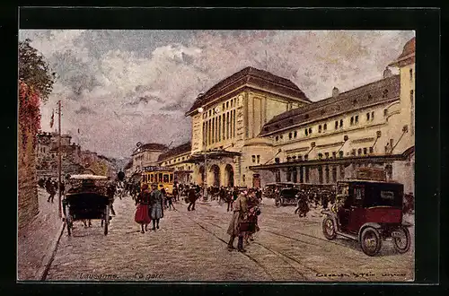 Künstler-AK Georges Stein: Lausanne, La gare