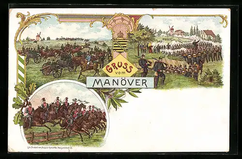 Lithographie Kaisermanöver, Artillerie, Kavallerie und Infanterie