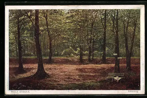 Künstler-AK Willy Straka: Amorweg, Bank mit Hut im Wald