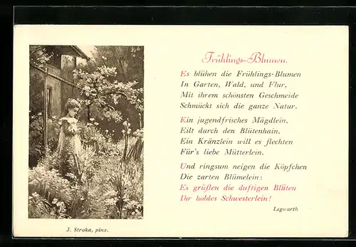 Künstler-AK Josef Straka: Mädchen im blühenden Garten