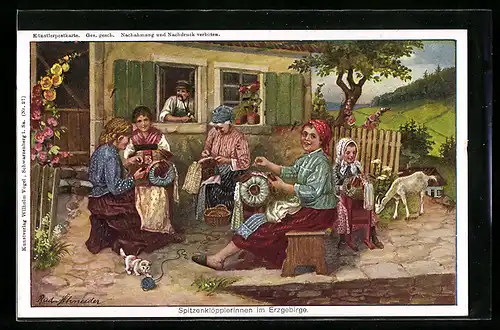 Künstler-AK Erzgebirge, Spitzenklöpplerinnen in sächsischer Tracht