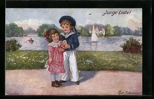 Künstler-AK Rudolf Schneider: Junge Liebe, Junge im Matrosenanzug mit Mädchen