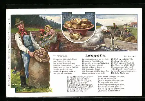 Künstler-AK Rudolf Schneider: Aardäppel-Lied, Bauern bei der Kartoffel-Ernte