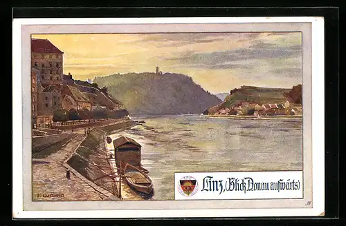 AK Deutscher Schulverein Nr. 487: Linz, Schiff am Donauufer, Blick Flussaufwärts