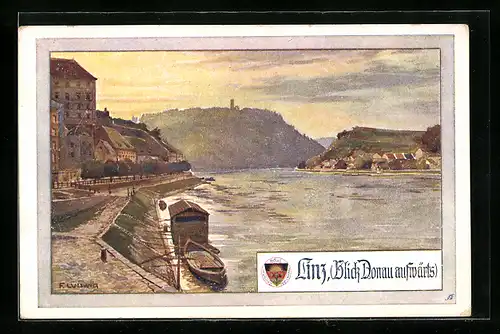 AK Deutscher Schulverein Nr. 487: Linz, Schiff am Donauufer, Blick Flussaufwärts