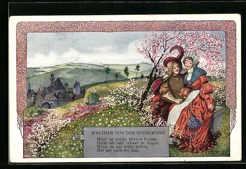 Künstler-AK sign. A. Welzl: Walther von der Vogelweide besingt eine Dame