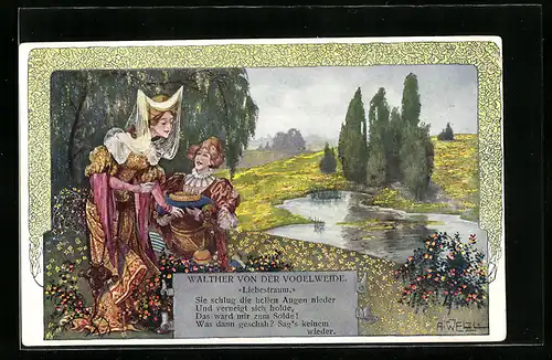 Künstler-AK sign. A. Welzl: Walther von der Vogelweide besingt eine Dame