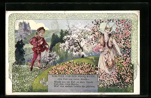 Künstler-AK sign. A. Welzl: Walther von der Vogelweide und Dame auf einer Blumenwiese
