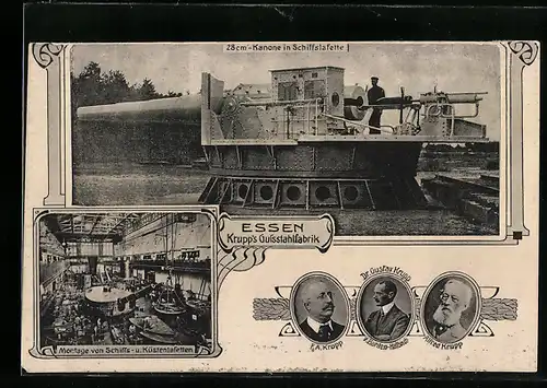 AK Essen, Krupp`s Gussstahlfabrik, Kanone in Schiffslafette, Montage von Schiffs- u. Küstenlafetten, F. A. Krupp