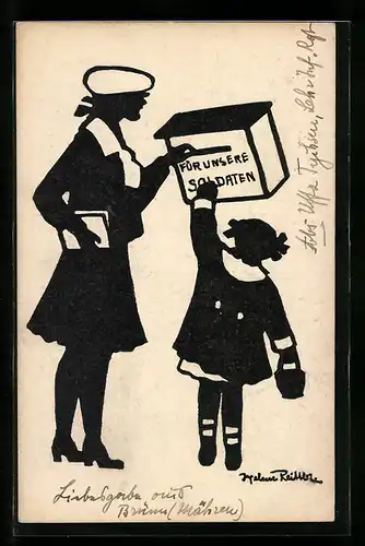 Künstler-AK Mädchen und Frau werfen Spenden für die Soldaten ein