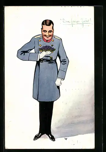 Künstler-AK Soldat in Uniform mit Blumensträusschen verbeugt sich