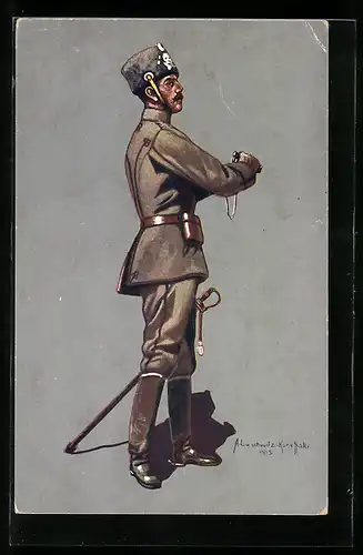 Künstler-AK Staboffizier des 1. Leib.-Hus.-Rgts. Nr. 1 in Felduniform, Totenkopfhusar