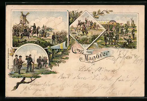Lithographie Soldaten auf dem Schlachtfeld und im Lager, Windmühle, Kaisermanöver