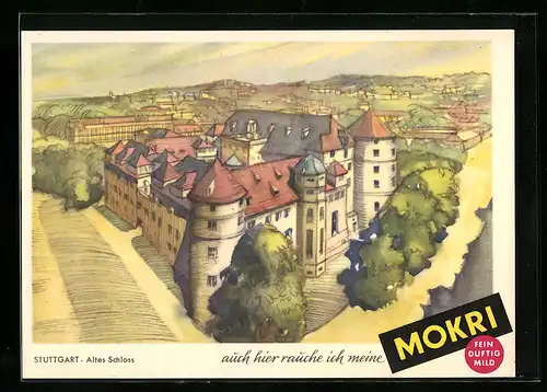 Künstler-AK Stuttgart, Stadt mit altem Schloss, Tabakwerbung für Mokri