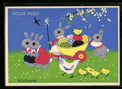 Künstler-AK Willy Schermele: Osterhasen mit Wagen voller Ostereier