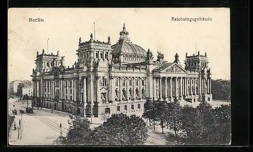 AK Berlin-Tiergarten, Das Reichstagsgebäude mit Strassenbahn