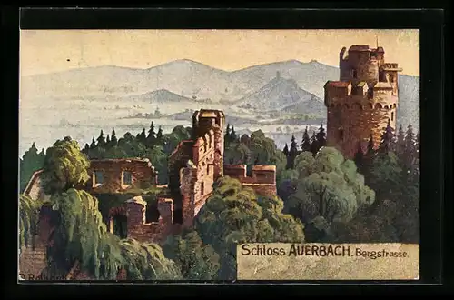 Künstler-AK Auerbach, Panorama mit Schlossruinen