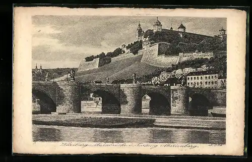 Künstler-AK Würzburg, Mainbrücke u. Festung Marienberg