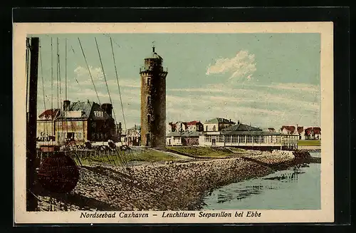 Künstler-AK Cuxhaven / Nodsee, Leuchtturm Seepavillon bei Ebbe