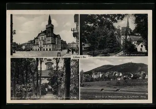 AK Löbau i. Sa., Altmarkt m. Rathaus, Am Hermannsbad, Friedrich August Turm m. d. Gaststätte Am Löbauer Berg