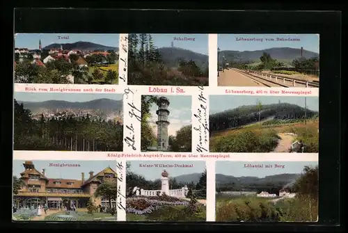 AK Löbau i. Sa., Kaiser-Wilhelm-Denkmal, Schafberg, Löbauerberg vom Bahndamm