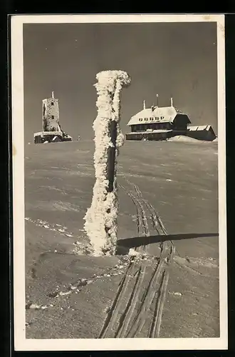 AK Feldberg, Feldbergturm mit Gasthaus, Vereiste Skistange