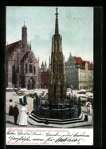 Lithographie Nürnberg, Schöner Brunnen mit Frauenkirche