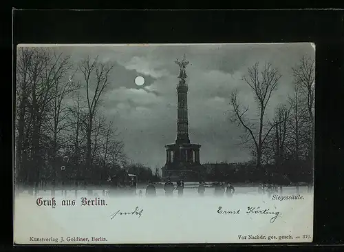 Mondschein-AK Berlin-Tiergarten, Siegessäule bei Nacht