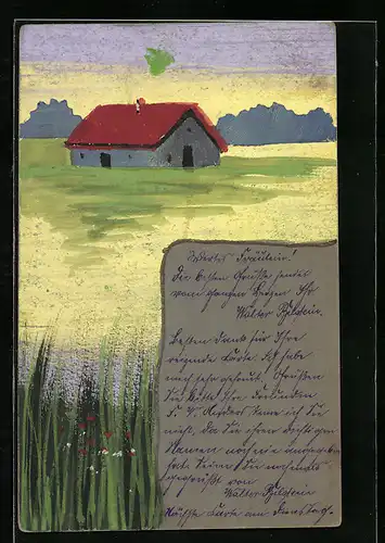 Künstler-AK Handgemalt: Schablonenmalerei, Haus im Grünen