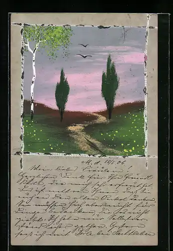 Künstler-AK Handgemalt: Schablonenmalerei, Idyllische Landschaft