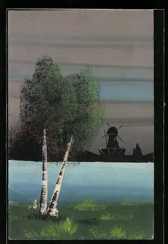 Künstler-AK Handgemalt: Schablonenmalerei, Gewässer und Windmühle