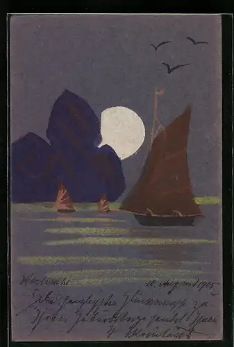 Künstler-AK Handgemalt: Schablonenmalerei, Boote im Mondschein