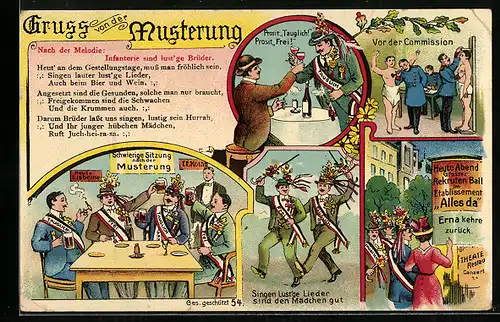 AK Gruss von der Musterung, Feiernde, Messung, Paar vor Litfasssäule