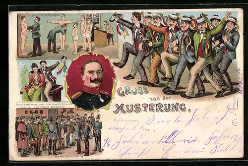 Künstler-AK Freudiger Marsch zur Musterung, Tauglichkeitsprüfung, Gruss von der Musterung