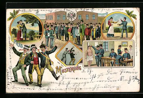 Lithographie Abschied, Der 1te Urlaub, Gruss von der Musterung