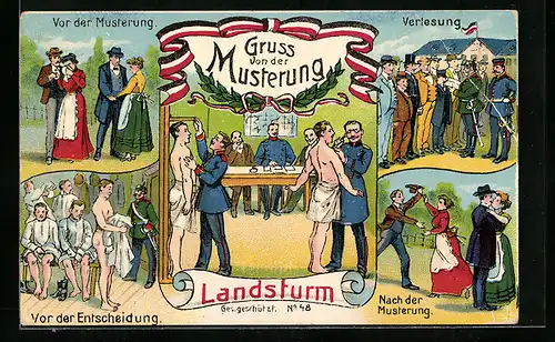 Künstler-AK Gruss von der Musterung, Landsturm, Verlesung