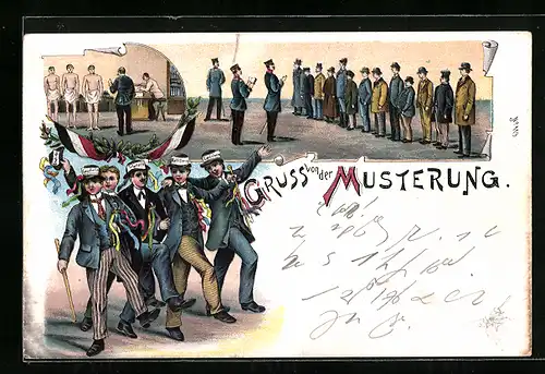 Lithographie Gruss von der Musterung, Landsturm, Artillerie