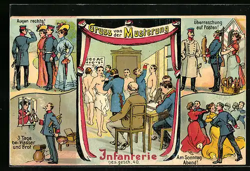 Künstler-AK Gruss von der Musterung, Infanterie ges. gesch. 40, 3 Tage bei Wasser und Brot, Am Sonntag Abend!