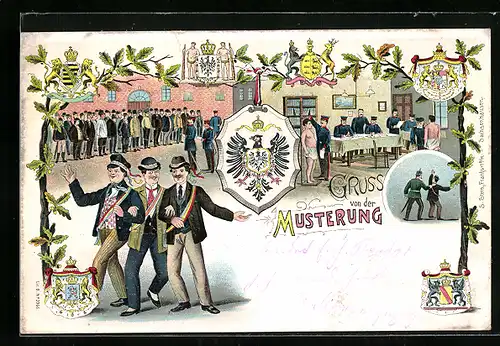 AK Gruss von der Musterung, Männer beim Messen, Feiernde