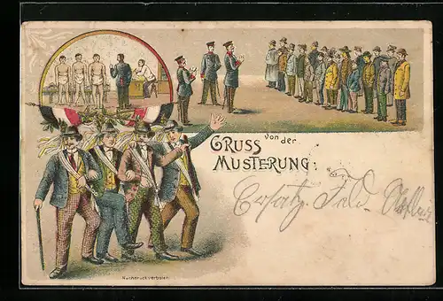 Lithographie Gruss von der Musterung, Feiernde Herren