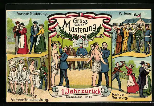 Künstler-AK Gruss von der Musterung, 1 Jahr zurück, Verlesung